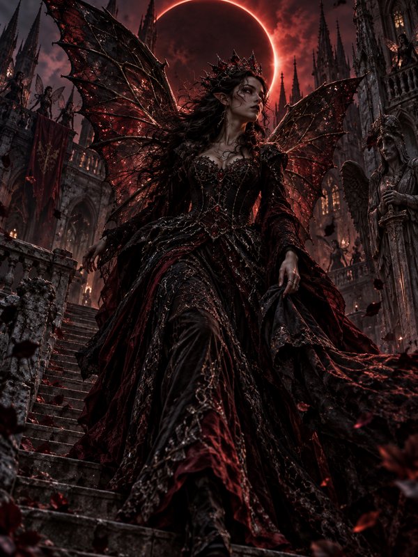 Dark faerie queen with gnarled red wings descends gothic castle stairs under a glowing red eclipse