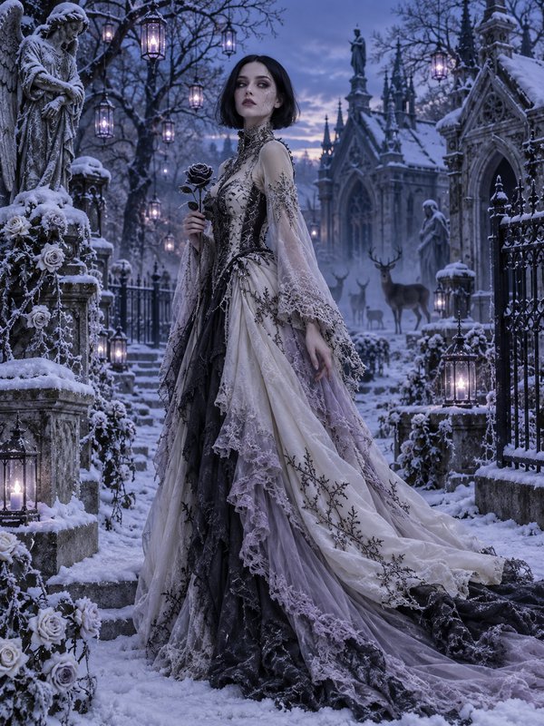 Elegant gothic woman in a lace ballgown holds a black rose in a snow-dusted twilight cemetery