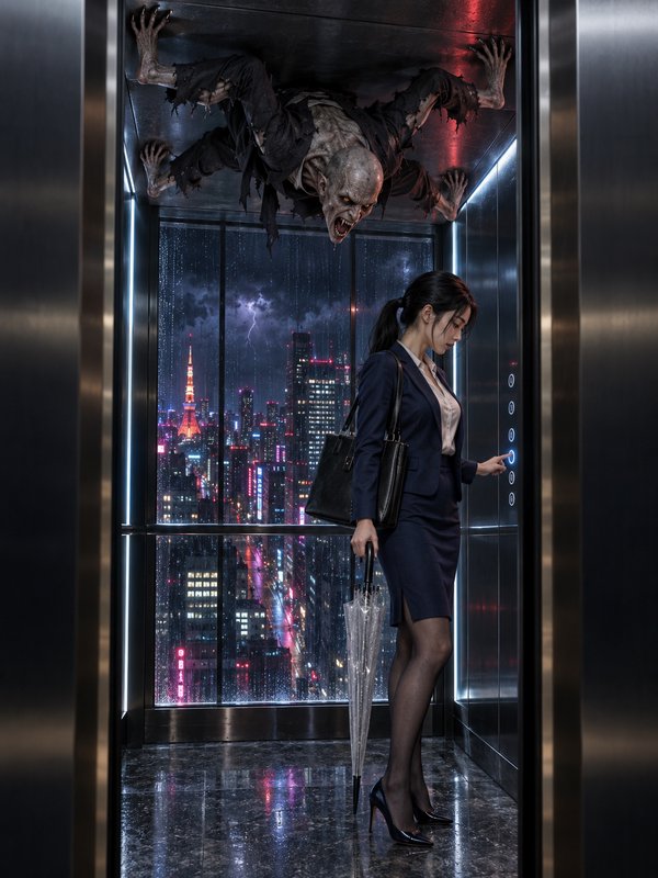 Businesswoman inside a glass elevator unaware of a grotesque upside-down monster clinging to the ceiling above her