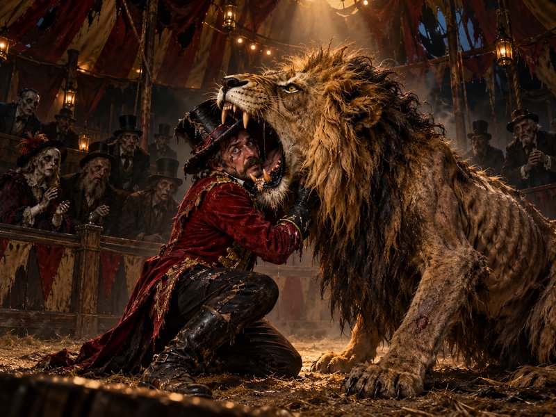 Terrified Victorian circus ringmaster kneels with his head inside the jaws of a gaunt undead lion under a tattered carnival