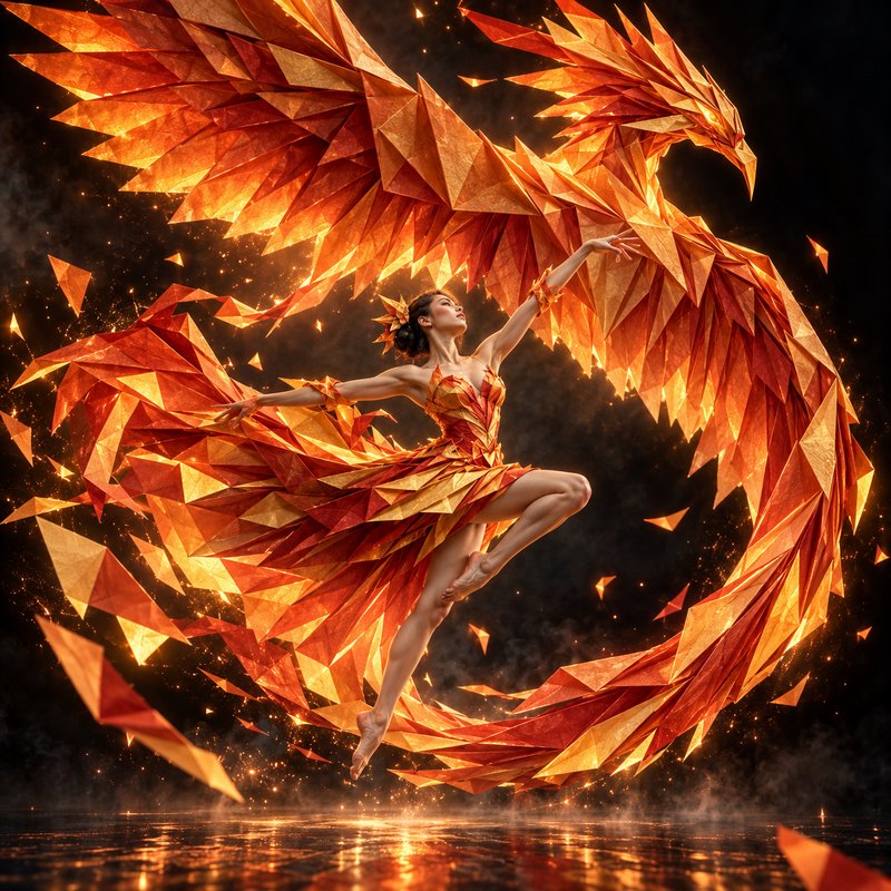 Graceful ballerina in origami phoenix dress leaping beside a glowing geometric paper phoenix above reflective water