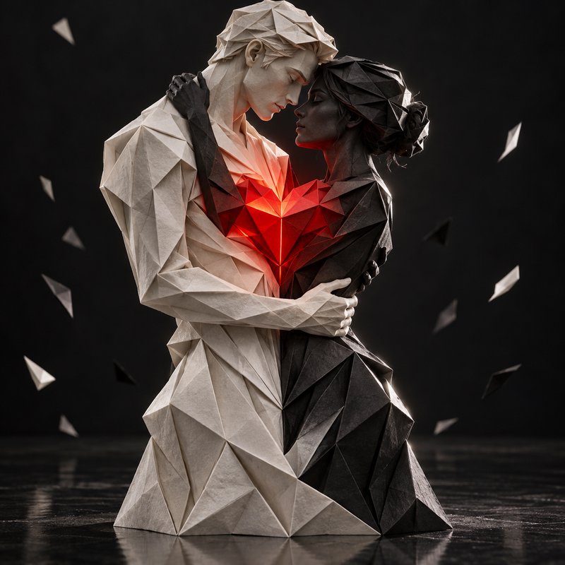 Geometric origami couple embracing, glowing red heart between their chests against a dark background
