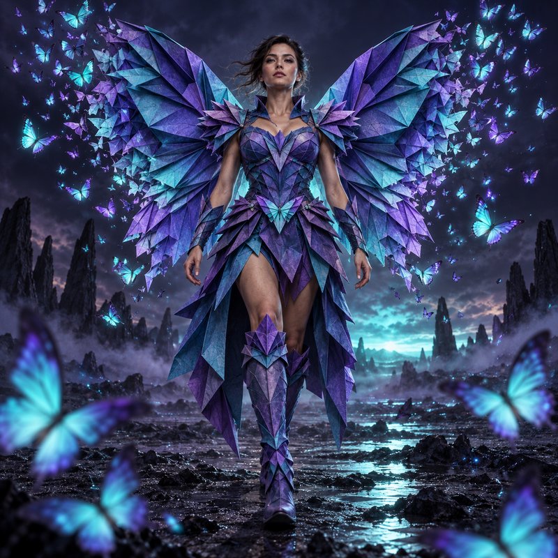 Fairy warrior in origami winged armor walks through a misty dark fantasy landscape surrounded by glowing butterflies
