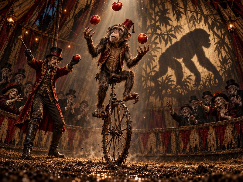 Chimpanzee juggles red apples while balancing on a unicycle inside a spooky vintage circus tent