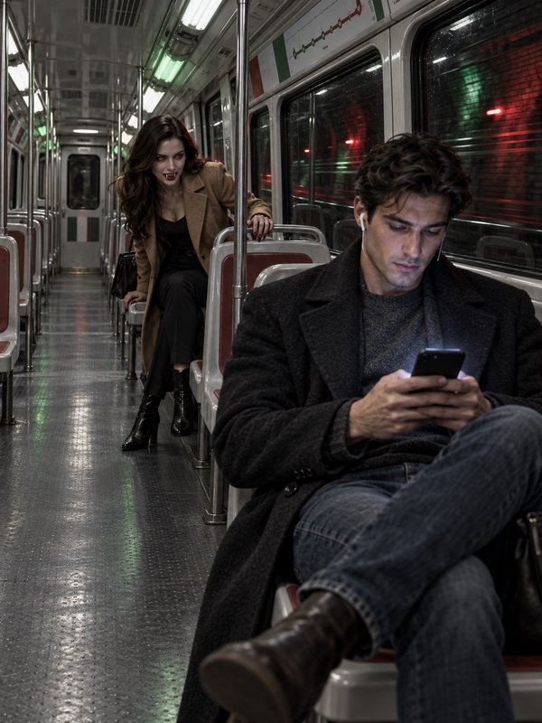 Menacing female vampire looms behind an unaware man using his phone on an empty late-night subway car