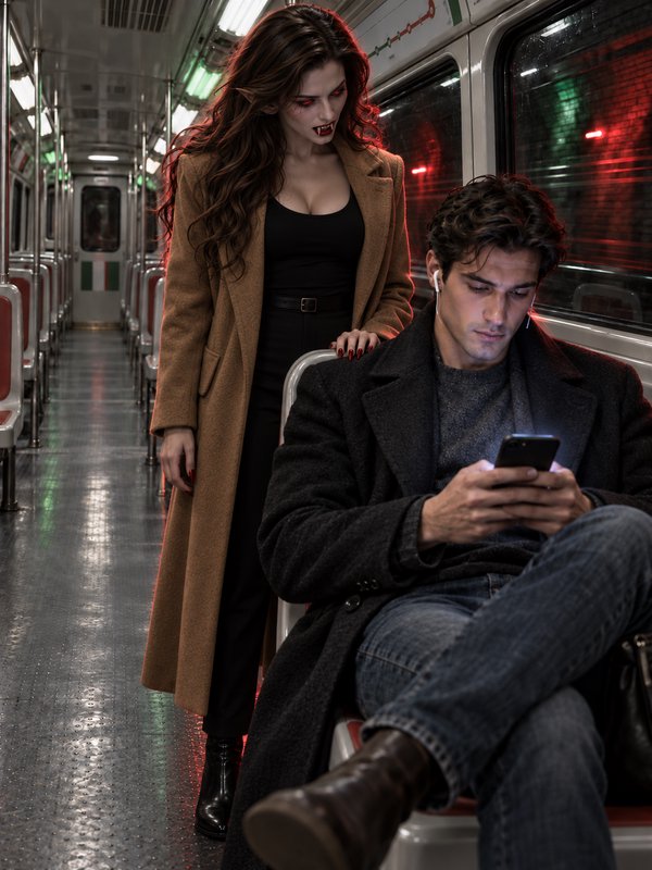 Fanged vampire woman looms unnoticed behind a man scrolling his phone on an empty late night subway