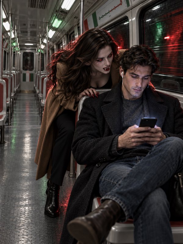 Menacing female vampire looms behind a distracted man using his phone on an empty late night subway