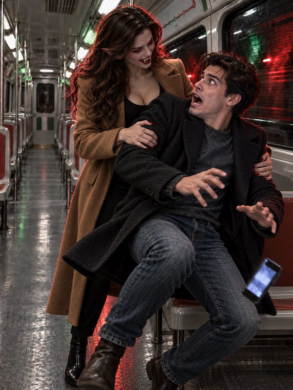 Menacing fanged female vampire grabs a terrified screaming man inside an empty late-night subway car