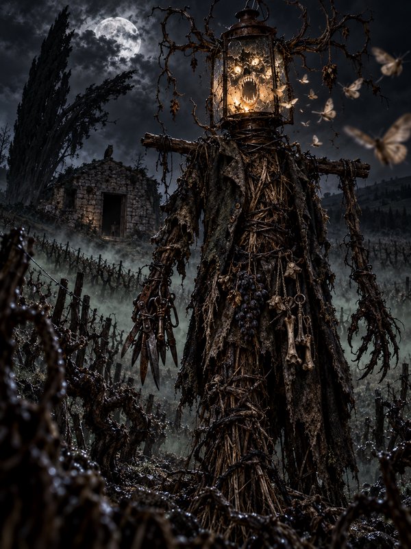 Twisted lantern-headed straw scarecrow stands in a foggy vineyard under a full moon.