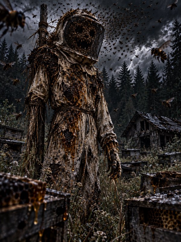 Spooky bee-covered beekeeper scarecrow stands in an abandoned apiary under stormy lightning-lit skies