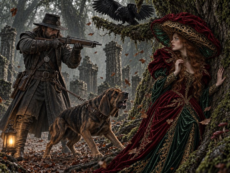 Grizzled huntsman aims a rifle at a cowering noblewoman beside a mossy tree in misty ruined autumn forest