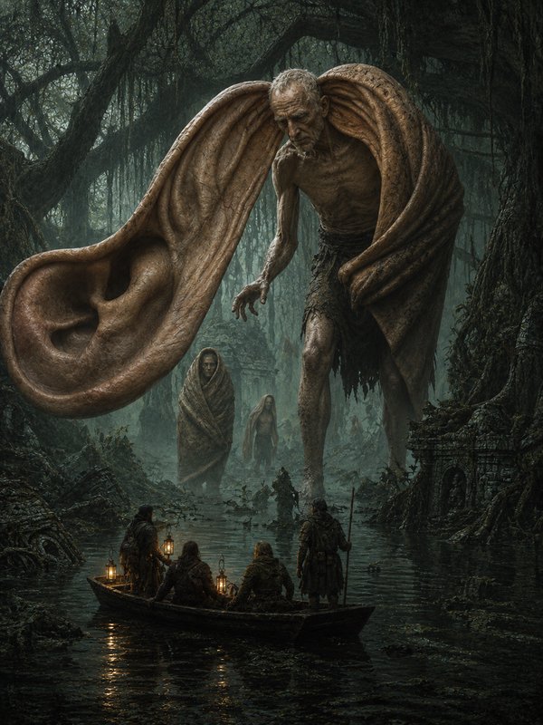 Towering gaunt humanoid with an ear-shaped wing looms over lantern-bearing travelers in a misty swamp