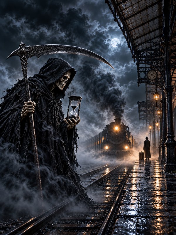 Grim Reaper holding a scythe and hourglass stands on a misty Victorian train platform as a steam train arrives under a full