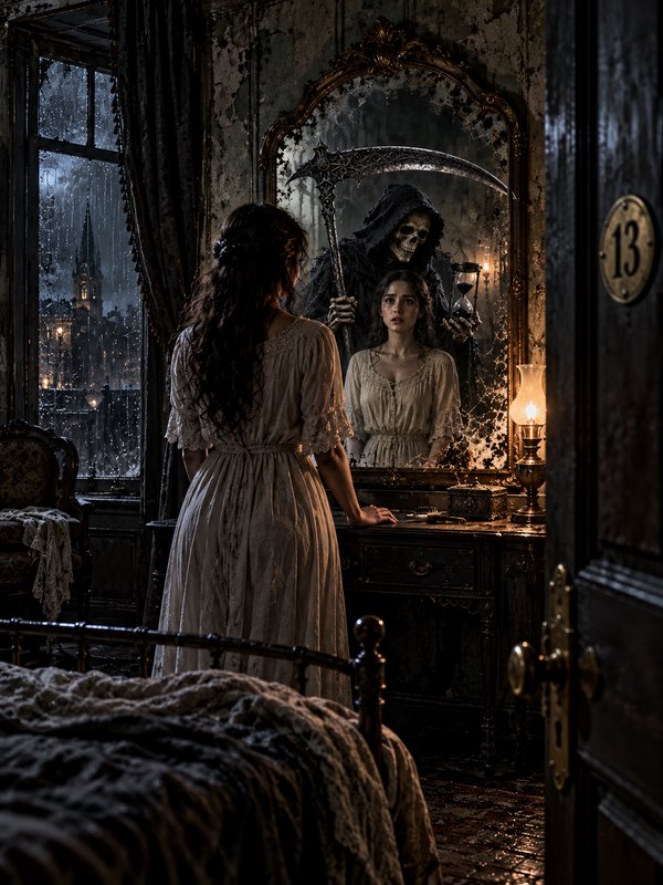 A woman stands at a vanity, shocked to see the Grim Reaper behind her reflection in a cracked old mirror
