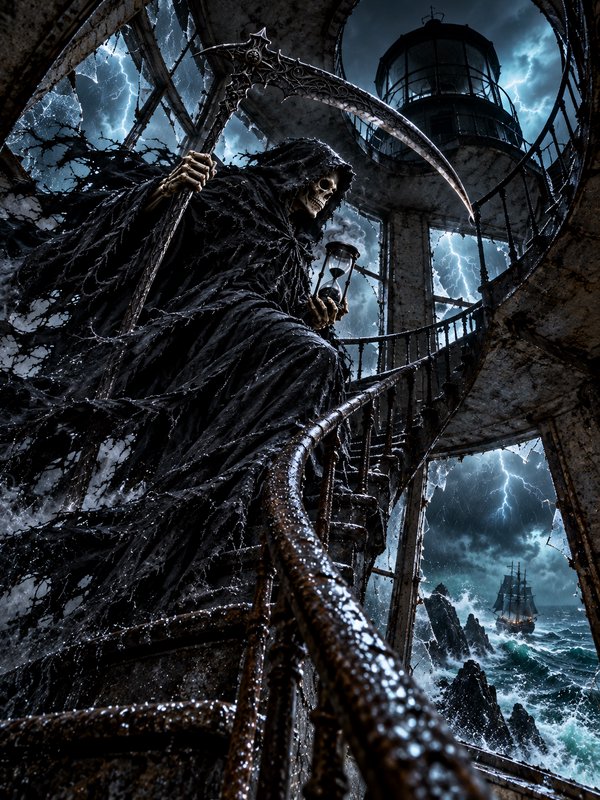 Hooded Grim Reaper stands on crumbling lighthouse spiral stairs holding a scythe and hourglass during a lightning storm
