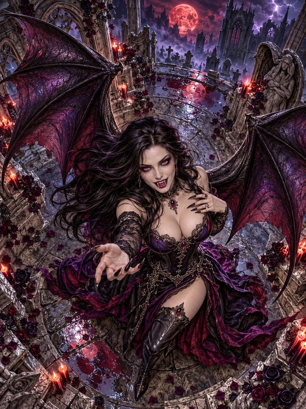 Winged vampire woman reaches toward the viewer from a gothic terrace under a glowing blood red moon