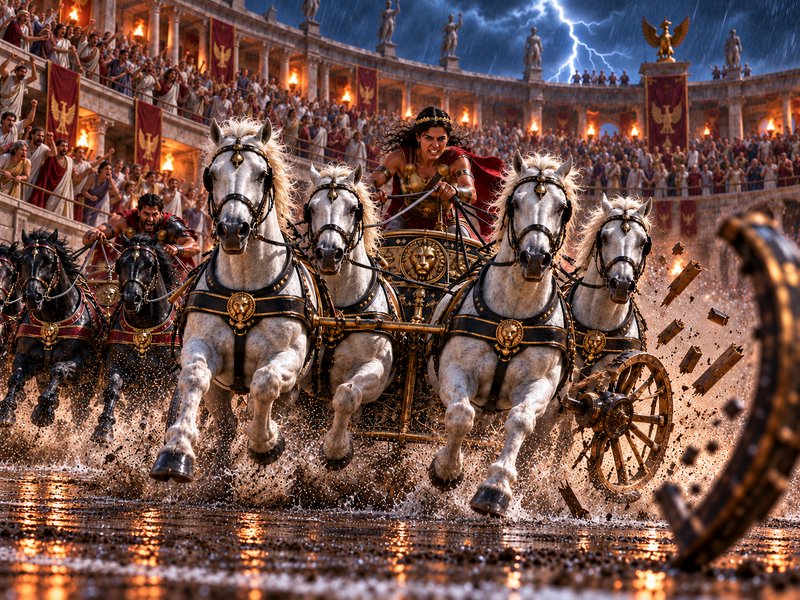 Fierce armored female charioteer races a four-horse chariot during a stormy ancient Roman Colosseum race