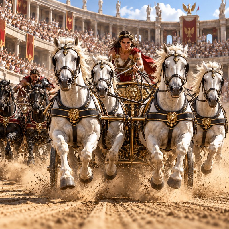 Female Roman charioteer races a four-horse chariot ahead of competitors in a packed ancient coliseum