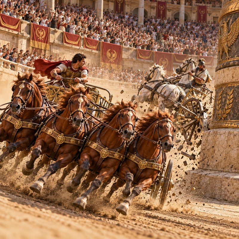 Fast-paced Roman chariot race in a packed colosseum as a competing chariot crashes near a stone marker