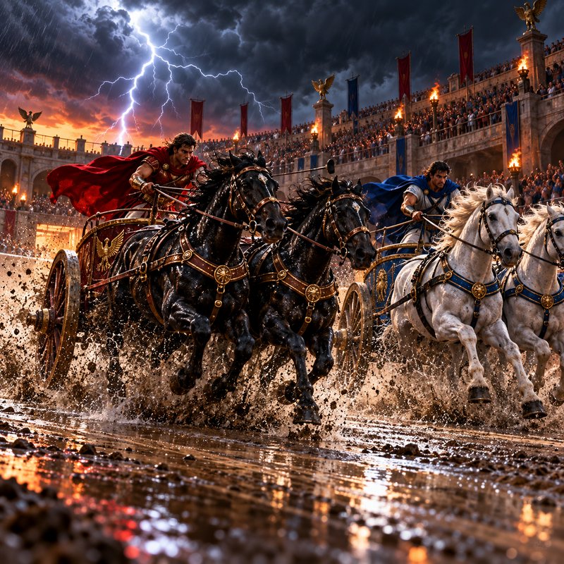 Roman charioteers race opposing chariots through a muddy Colosseum track beneath stormy lightning-streaked skies