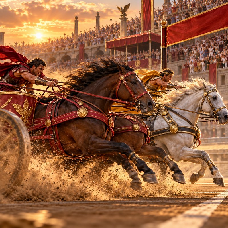 Armored Roman charioteers race galloping horse-drawn chariots in a packed coliseum at golden sunset
