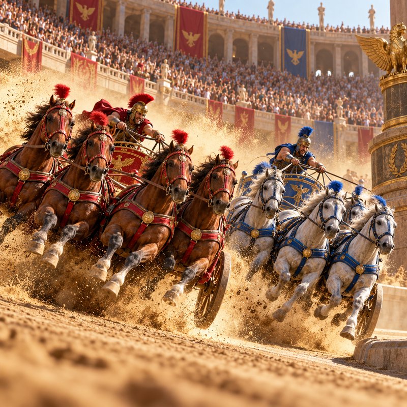Rival charioteers race horse-drawn chariots at full speed during a competition in a packed ancient Roman colosseum