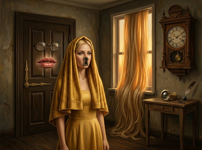 Surreal painting of a woman with a keyhole nose in a vintage room with an anthropomorphic door and hair curtain