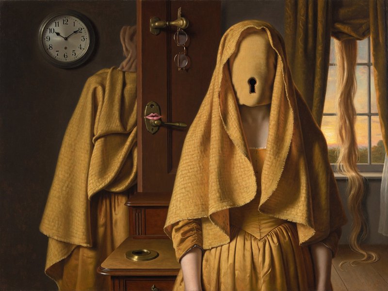 Surrealist oil painting of hooded figures in a vintage domestic interior, one with a keyhole for a face.