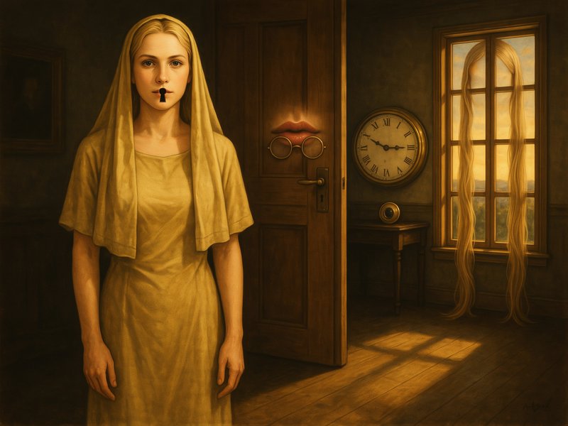 Surreal portrait of a woman with a keyhole mouth standing in an uncanny vintage interior