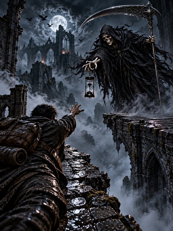 Hooded grim reaper extends an hourglass toward a reaching traveler on a fog-shrouded gothic bridge at moonlit night