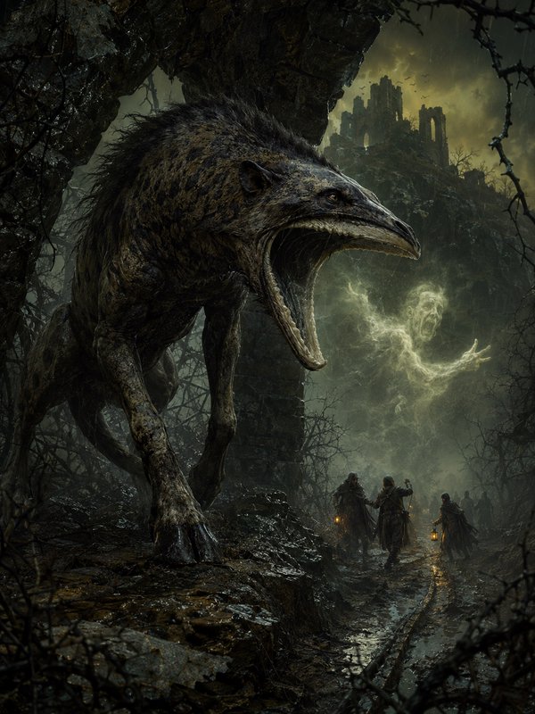 Towering gap-mouthed dark fantasy beast looms over lantern-wielding travelers beside a wispy ghost in a cursed foggy wood