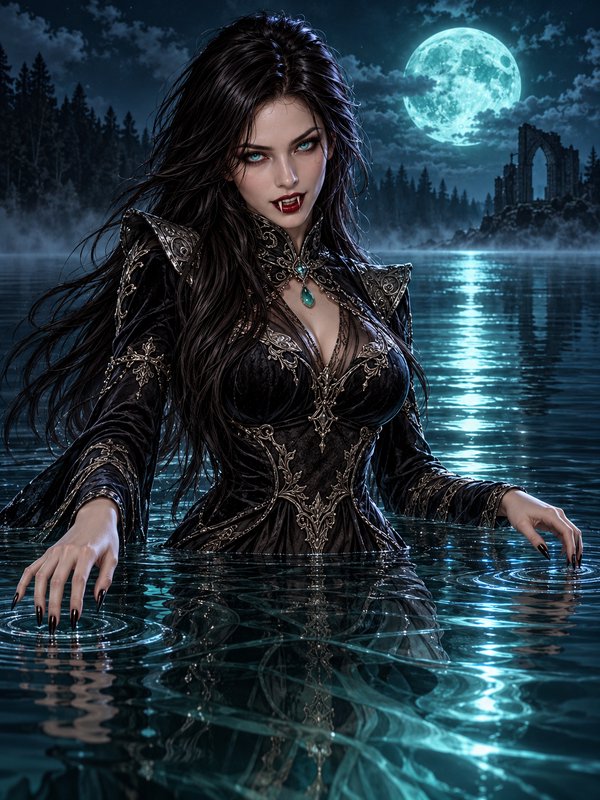 Gothic vampire woman standing waist-deep in a moonlit lake under a glowing full moon