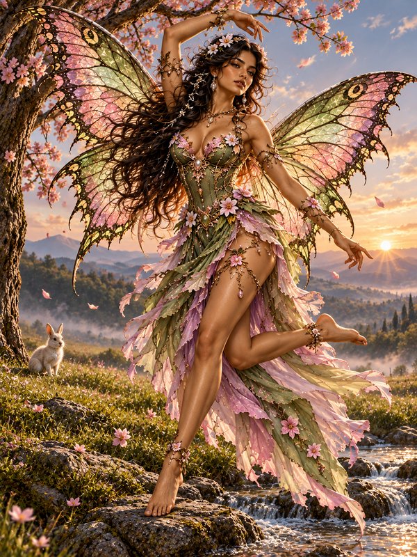Graceful fairy with iridescent butterfly wings dancing on stream rocks under a cherry blossom tree at golden sunset