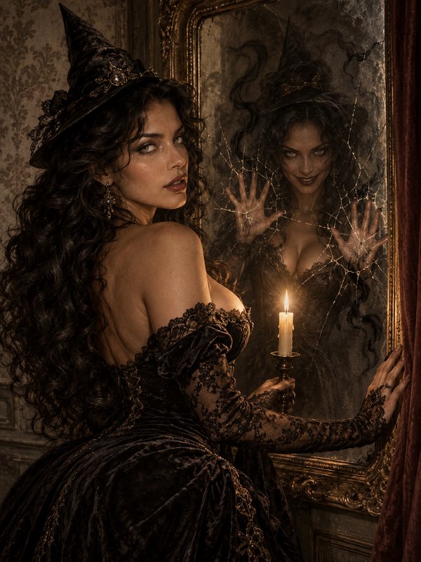 Gothic witch holding a lit candle beside a cracked mirror displaying her sinister reflection