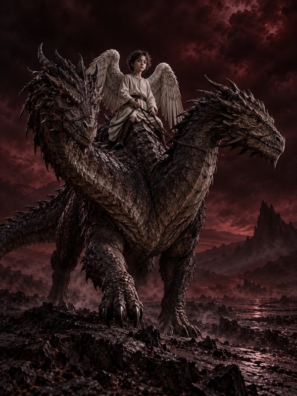 Young winged angel child riding a massive two-headed dragon across a dark stormy fantasy wasteland