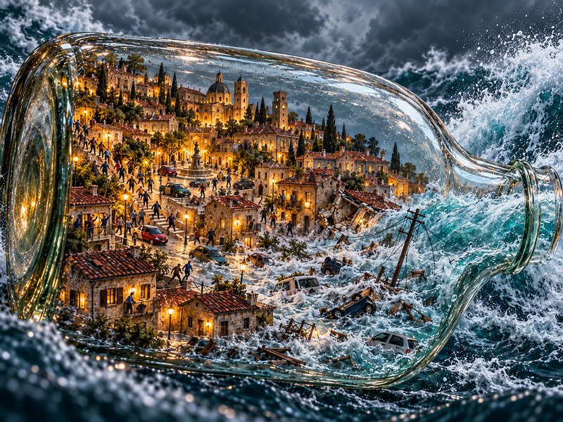 Glass bottle holding a flooded European hillside town surrounded by crashing storm ocean waves