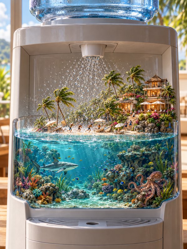 Surreal miniature tropical island and coral reef diorama built inside a household water cooler