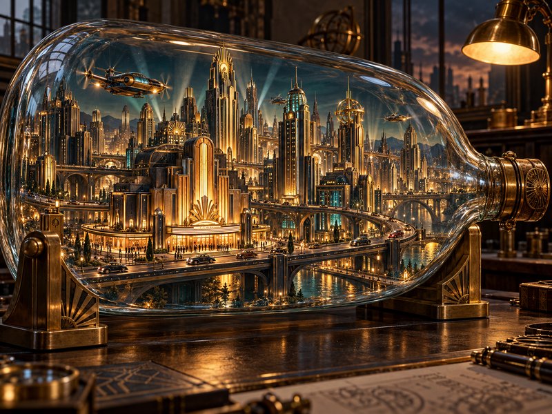 Intricate retro-futuristic art deco city contained inside a large glass bottle on a vintage desk