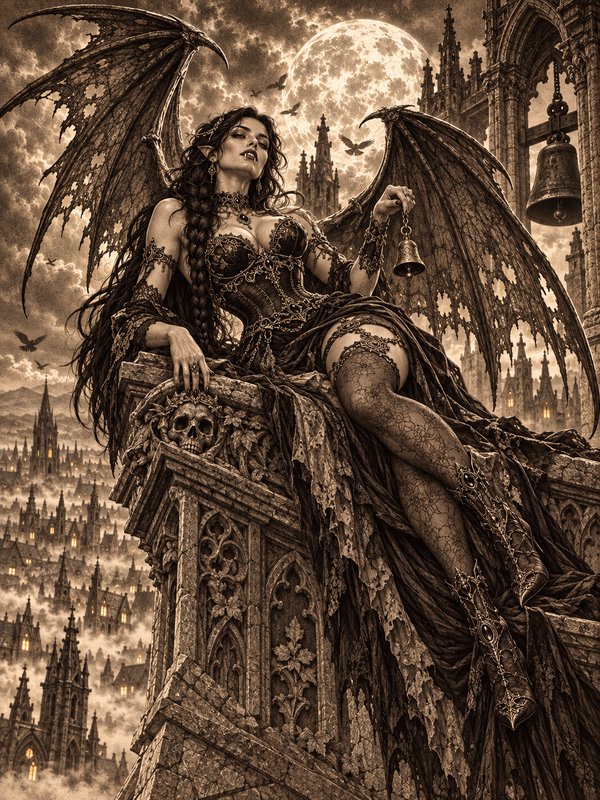 Gothic winged demoness reclines on a carved cathedral ledge above a misty moonlit medieval city