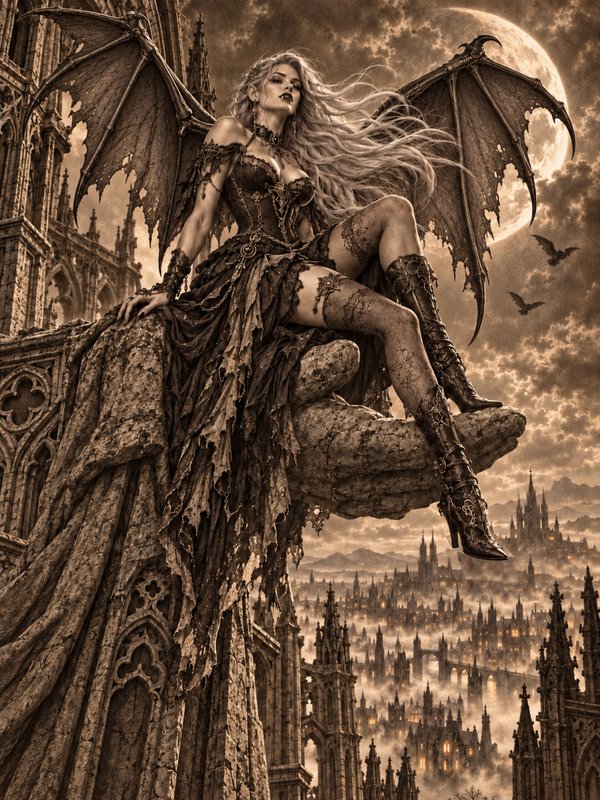 Winged gothic vampire woman perched on a cathedral ledge overlooking a fantasy city under a full moon