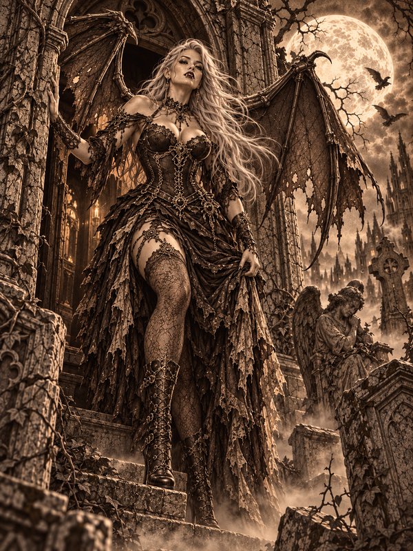Winged gothic vampire queen standing on crumbling graveyard castle steps under a glowing full moon