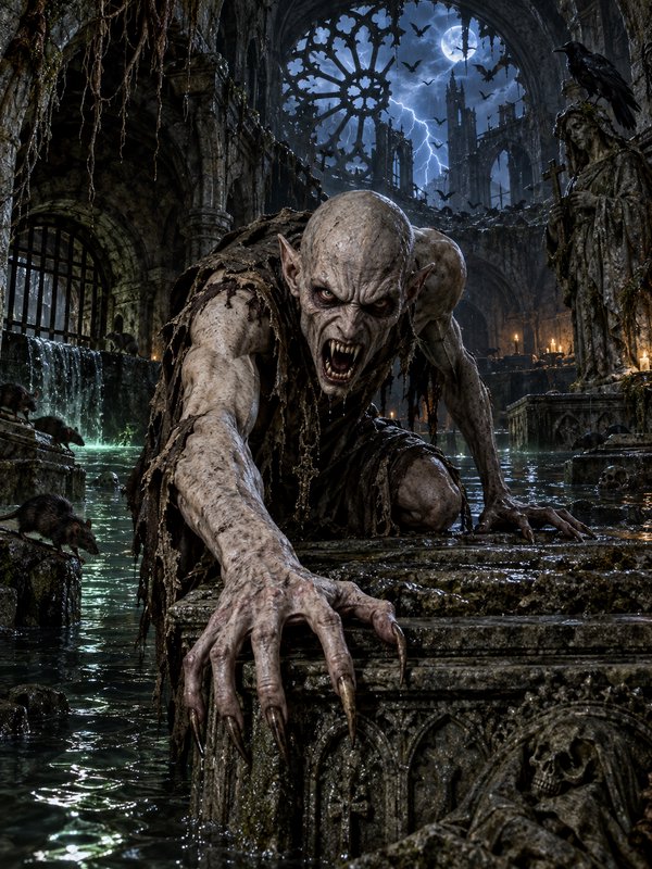 Emaciated fanged nosferatu crawls from flooded gothic cathedral ruins under a stormy full moon