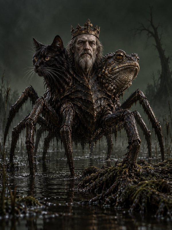 Surreal multi-headed chimera king with cat, human, toad heads and spider legs stands in a misty dark swamp