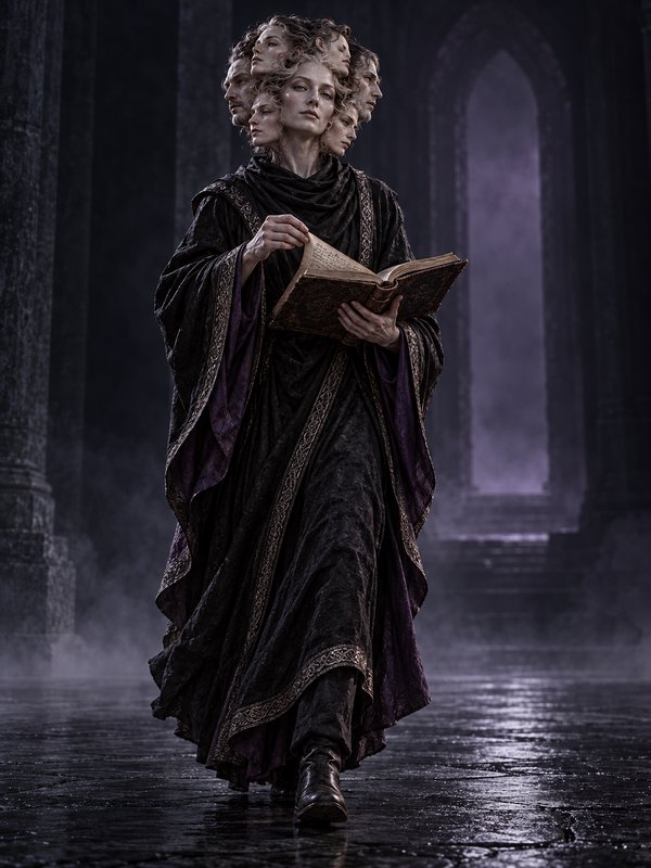 Multi-headed robed occult figure holding an ancient spellbook walks through a misty gothic cathedral