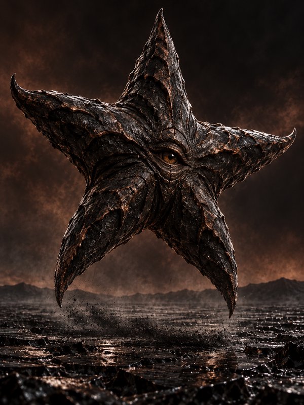 Gnarled five-pointed star monster with a single amber eye floats above a desolate apocalyptic wasteland