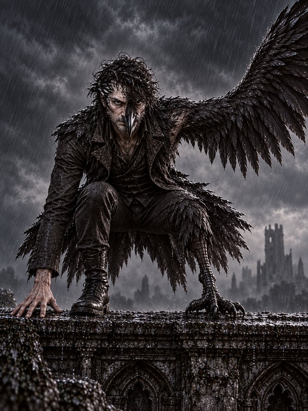 Menacing raven-human hybrid creature crouches on a gothic castle ledge in heavy storm rain