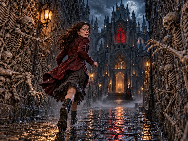 Terrified woman runs past grasping skeletons toward a gothic castle on a rainy moonlit night