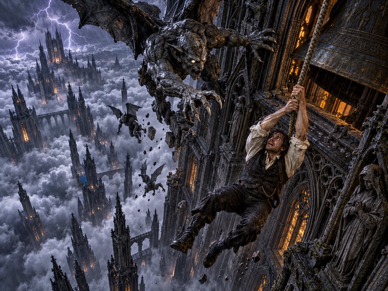 Man hangs from cathedral bell tower rope as an attacking gargoyle looms high above a cloud city during a lightning storm