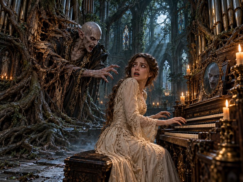 Frightened woman at an ornate pipe organ turns to face a menacing gaunt vampire in an overgrown gothic cathedral