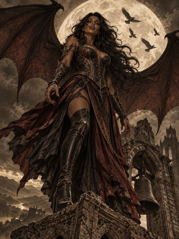 Winged vampire queen stands atop gothic castle ruins beneath a massive glowing full moon